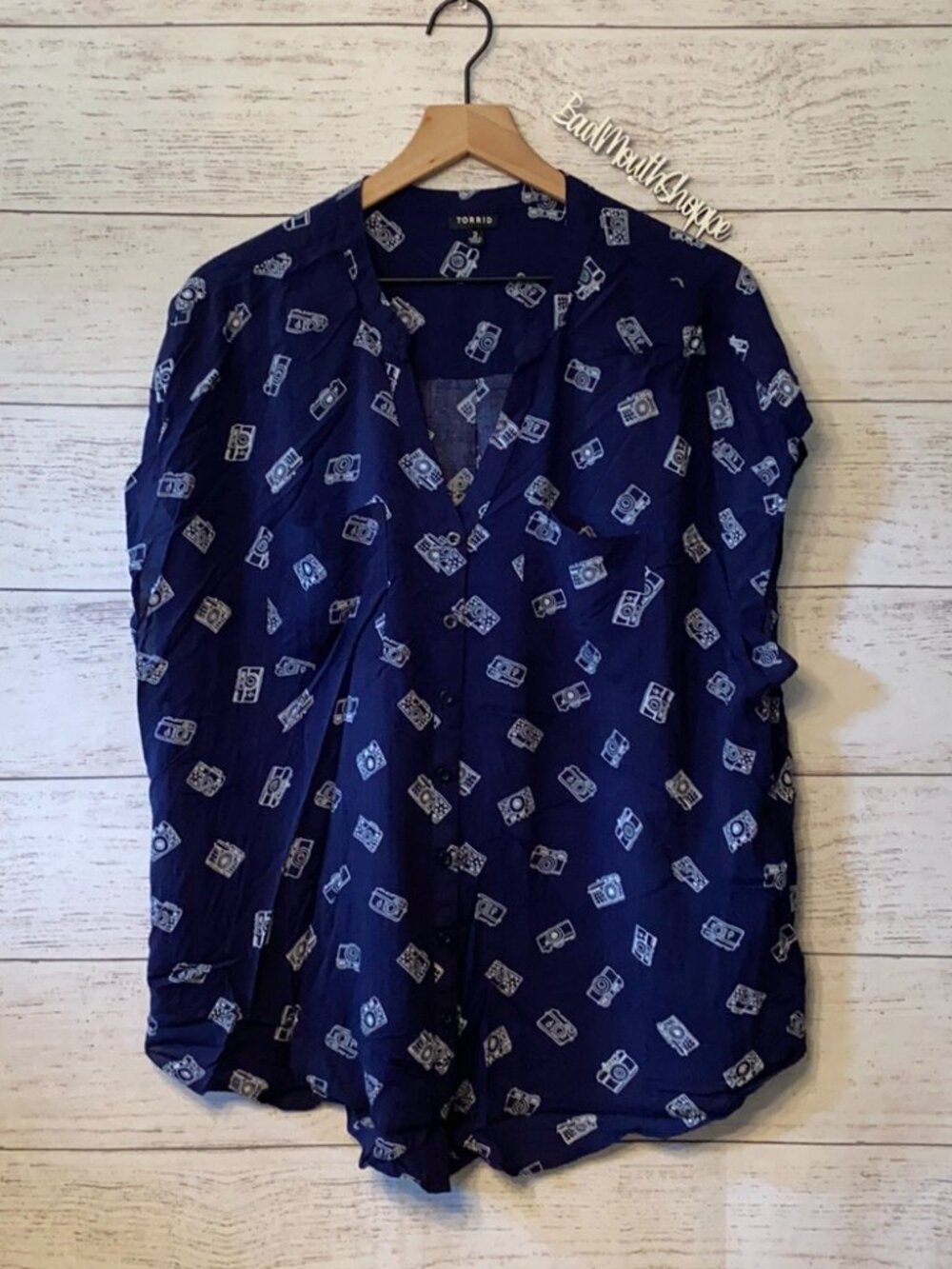 Torrid Navy and White Camera Print Cap Sleeve Blouse Plus Size 2